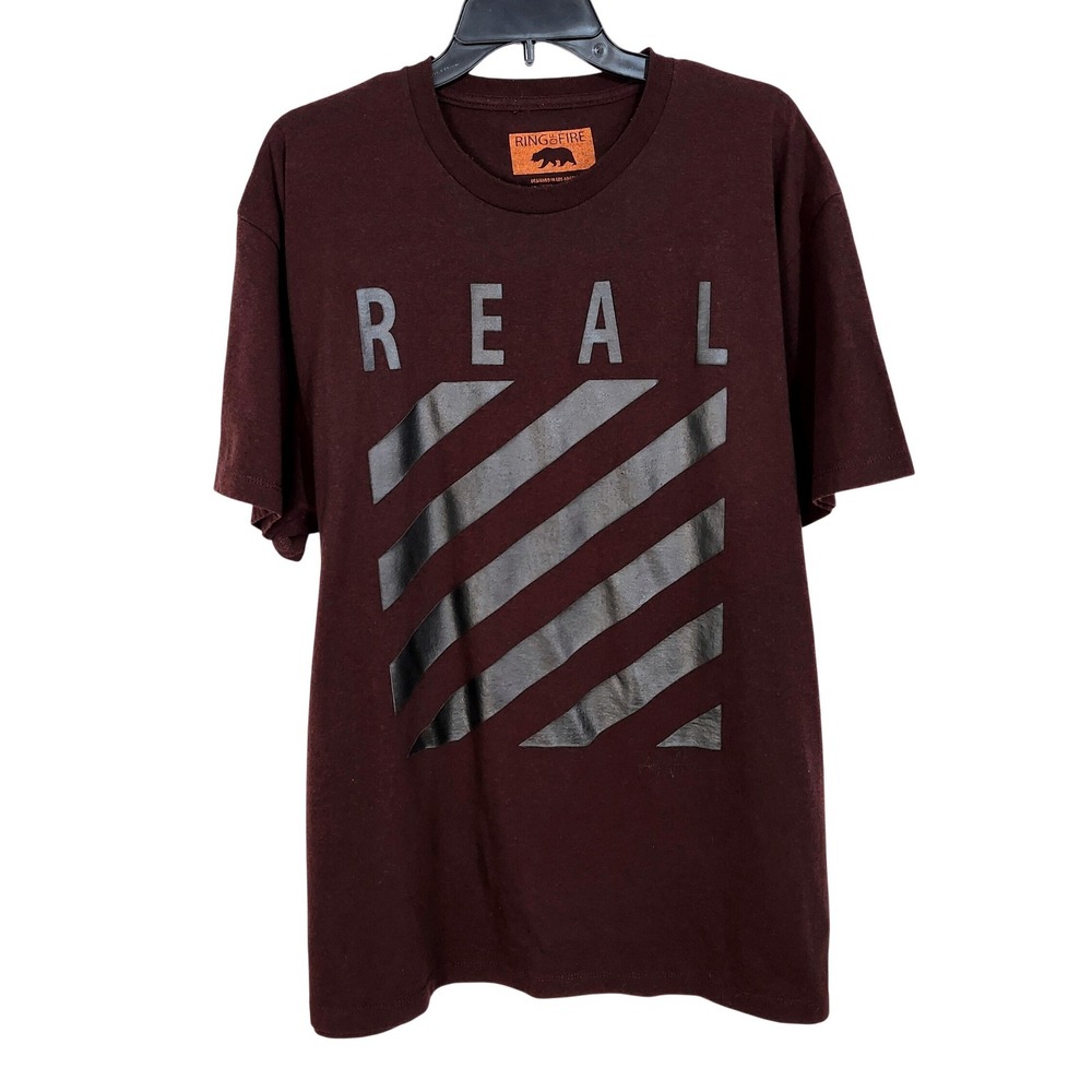 Ring of Fire Graphic Tee Shirt Mens XL Maroon REAL Diagonal Stripes Short Sleeve